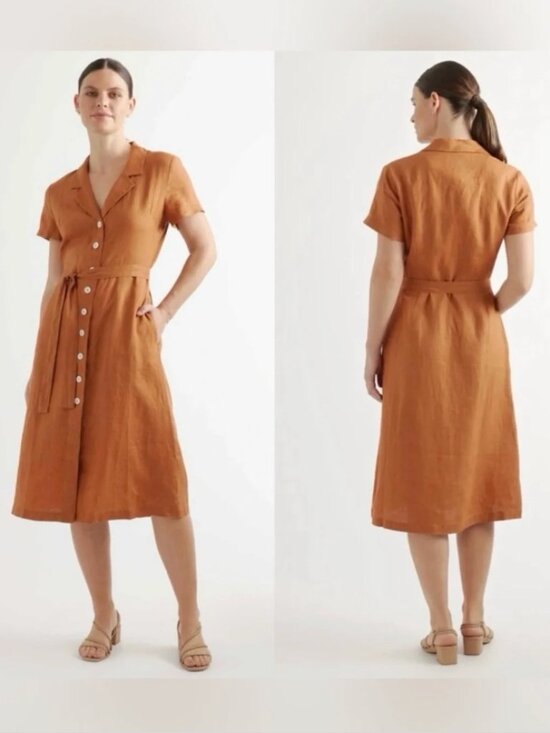 Quince Dresses & Skirts - Quince 100% European Linen Button Front Midi Dress L Terracotta Pockets Belt